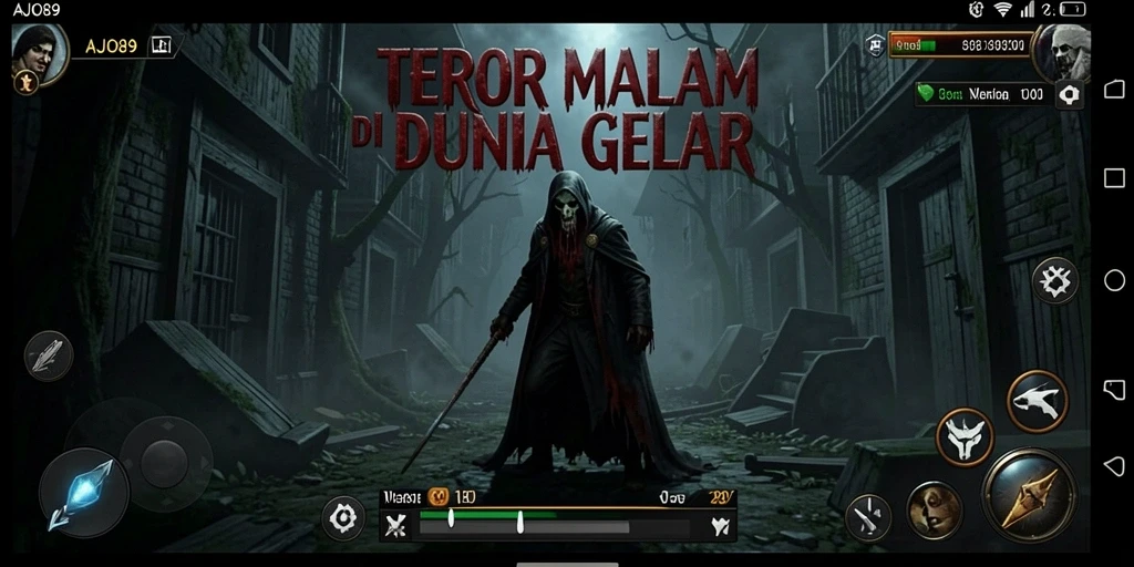 Screenshot menampilkan aksi menegangkan dalam AJO89 dengan makhluk menyeramkan.