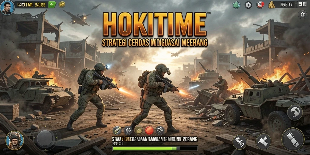 Tangkapan layar HOKITIME menampilkan aksi pertempuran strategi yang seru.