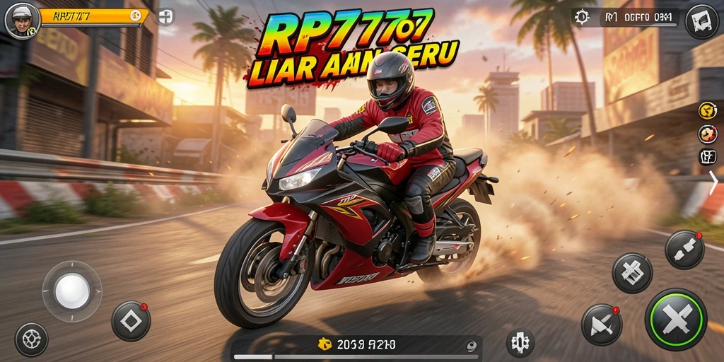 Screenshot gameplay RP777 menampilkan balapan motor seru di trek berliku.
