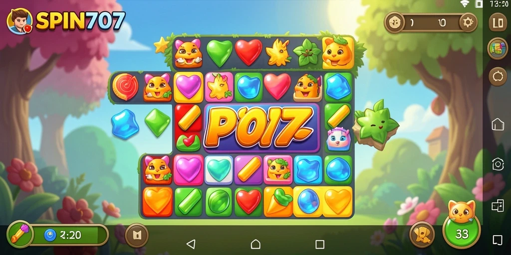 Tangkapan layar SPIN707 menunjukkan serunya gameplay Match-3 dengan grafis yang cerah.