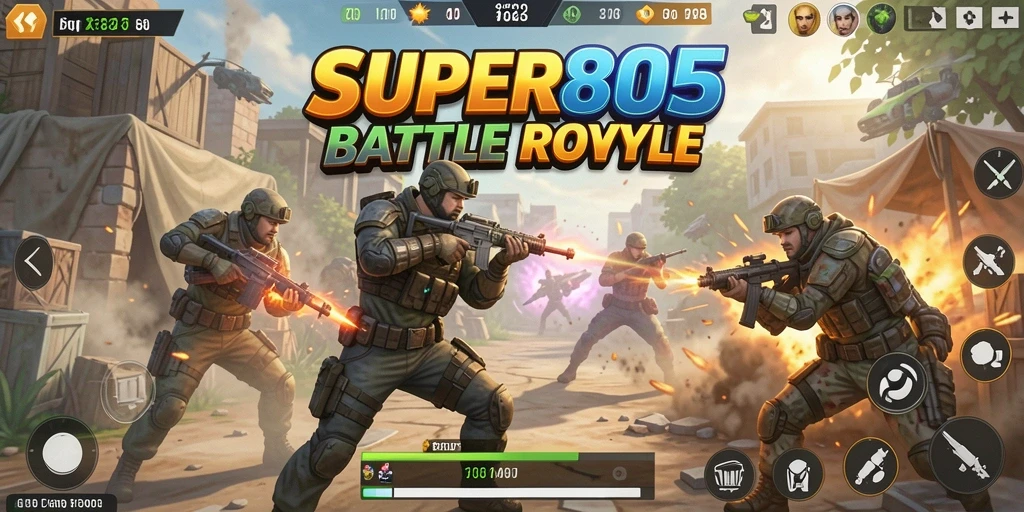 Tampilan gameplay SUPER805 dengan aksi Battle Royale yang intens.