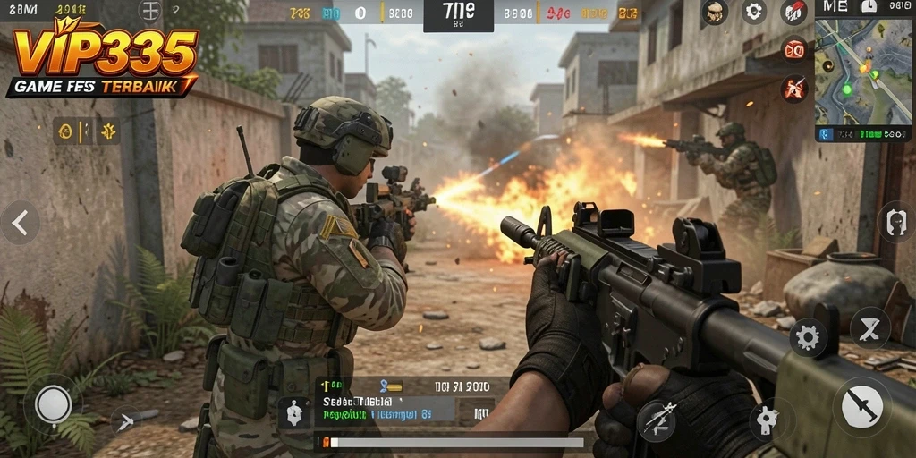 Screenshot menunjukkan aksi intens dalam game FPS VIP333.